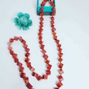 Dark red Natural Coral Necklace /cube shape